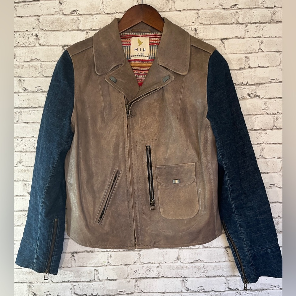 MiH Jeans Biker Jacket Denim Blue Leather Pistol Pocket MC1441LD Size Large